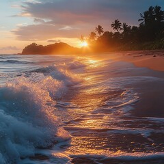 Beautiful sunset paints a tropical beach with golden light