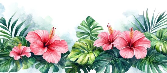 Pink hibiscus flowers, tropical leaves, watercolor, nature background, design