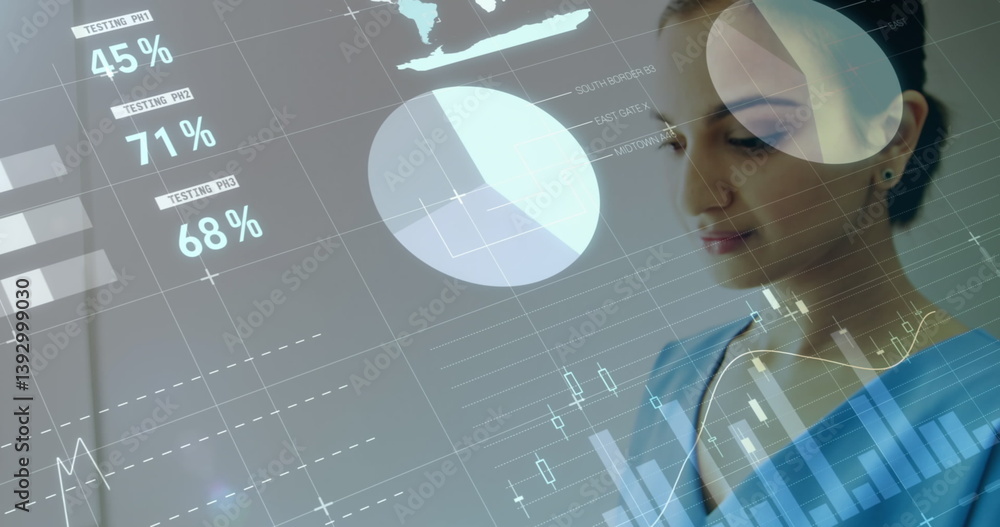 Poster statistical data processing against female health worker using smartphone on white background