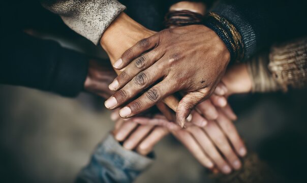 diverse hands stacked on each other in a symbol of unity and collaboration. A powerful image promoting the idea of teamwork, diversity and working together