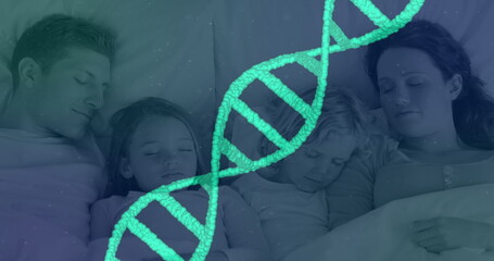 Image of 3d green dna strand spinning over sleeping family