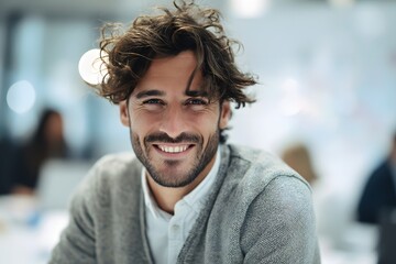 Obraz premium Close-up portrait of a handsome man with a genuine smile, capturing the essence of confidence and approachability