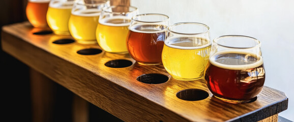 A row of diverse beer glasses filled with flavorful brews ready to enjoy for beer enthusiasts and connoisseurs