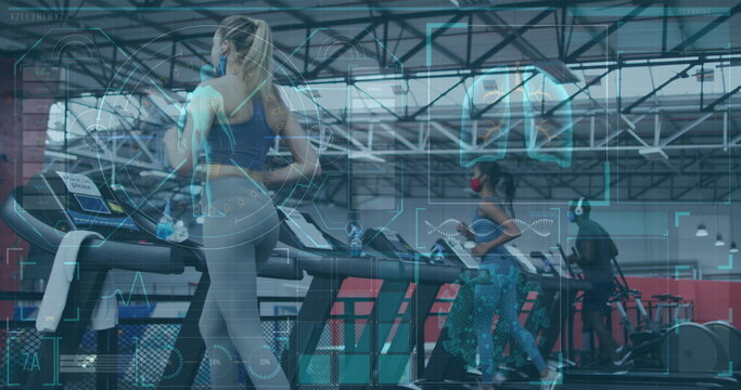 Digital interface with medical data processing against fit people running on treadmill at gym - Powered by Adobe
