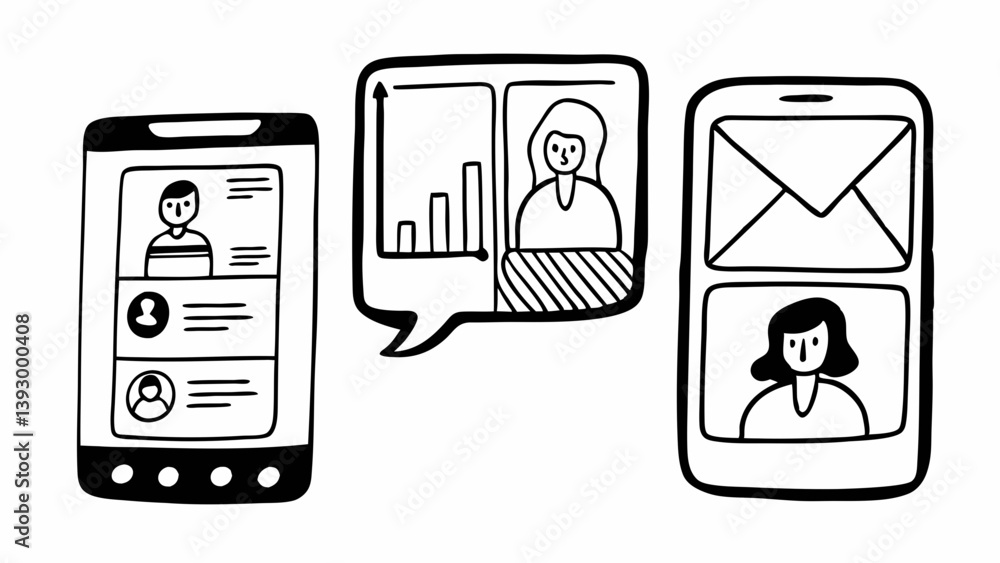 Poster illustration of three mobile phones showing profiles, graphs, and email communication interface desi