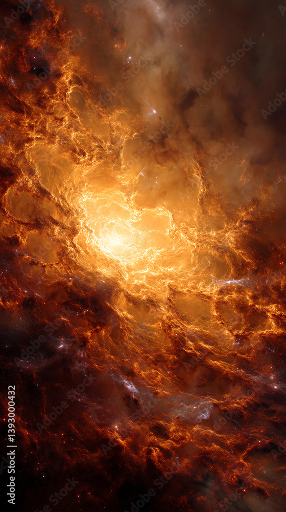 Poster fiery orange and brown nebula swirls, glowing bright at its center, creating a cosmic, energetic ima