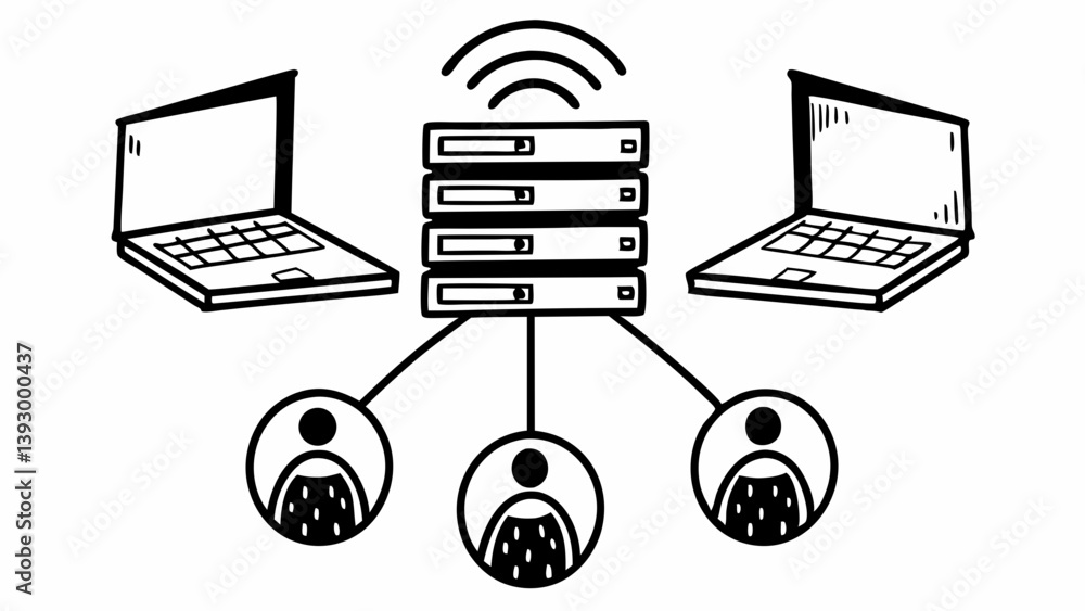 Poster illustration showing network with laptops server and users connected in a simple black and white sty