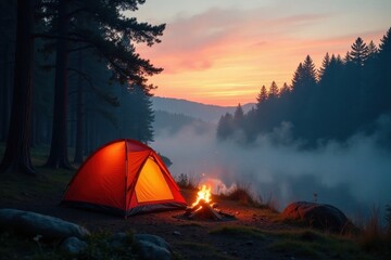 Sunrise mist, towering trees frame peaceful tent, campfire glows , photography, image
