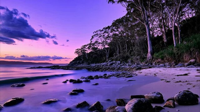 A serene beach at sunset with a purple sky, where rocks lead into the shallow water and trees frame the coastline