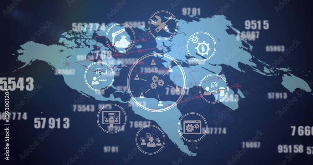 Poster network of digital icons and multiple changing numbers against world map on blue background