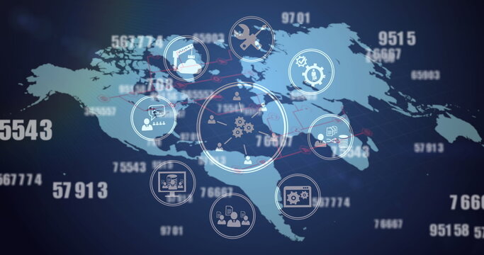 Network of digital icons and multiple changing numbers against world map on blue background