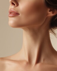 Editorial photo for skincare magazine, front view closeup of a pretty 30-year-old skincare model's throat.