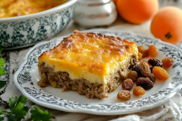 Bobotie served on white plate with blue floral design, garnished with dried apricots. Concept of warm Bobotie, traditional South African meatloaf experience on vibrant table setting.