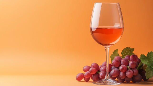 Rose wine glass and red grapes on orange background.