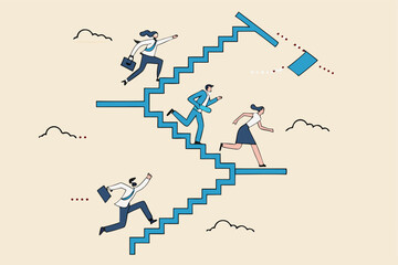 Career path or improvement, growth stair to success, job promotion or business competition, aspiration or motivation to succeed concept, business people walk up stair to next level floor to the top.