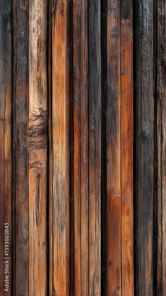 Poster close-up of vertical brown wood planks, showing varied textures and shades, suggesting rustic and ag