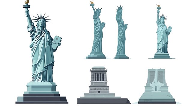 A collection of stylized illustrations featuring a large female statue