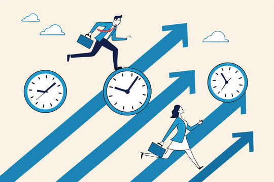 Time management, effort or efficiency boost, productivity to finish project, teamwork or planning, multitasking or finish work within deadline concept, business people riding clock up rising arrow.