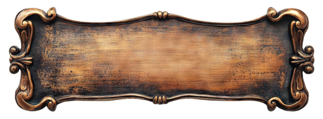 Vintage bronze nameplate with decorative frame, isolated on transparent cutout background