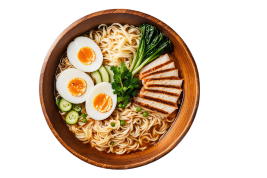 Top View of Ramen Dish with Egg Halves and Grilled Chicken, Cut Out Bowl with Transparent Background for Restaurant Menus and Food Delivery Designs