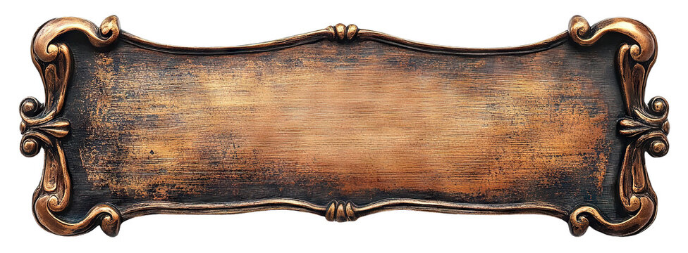 Vintage bronze nameplate with decorative frame, isolated on transparent cutout background