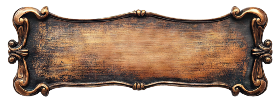 Vintage bronze nameplate with decorative frame, isolated on transparent cutout background