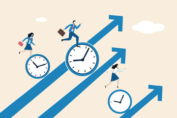 Time management, effort or efficiency boost, productivity to finish project, teamwork or planning, multitasking or finish work within deadline concept, business people riding clock up rising arrow.
