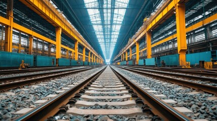 Fototapeta premium Industrial railway tracks inside a large factory