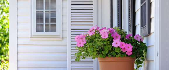 Colorful pot of flowers placed on a charming porch next to an air conditioner showing seasonal maintenance care