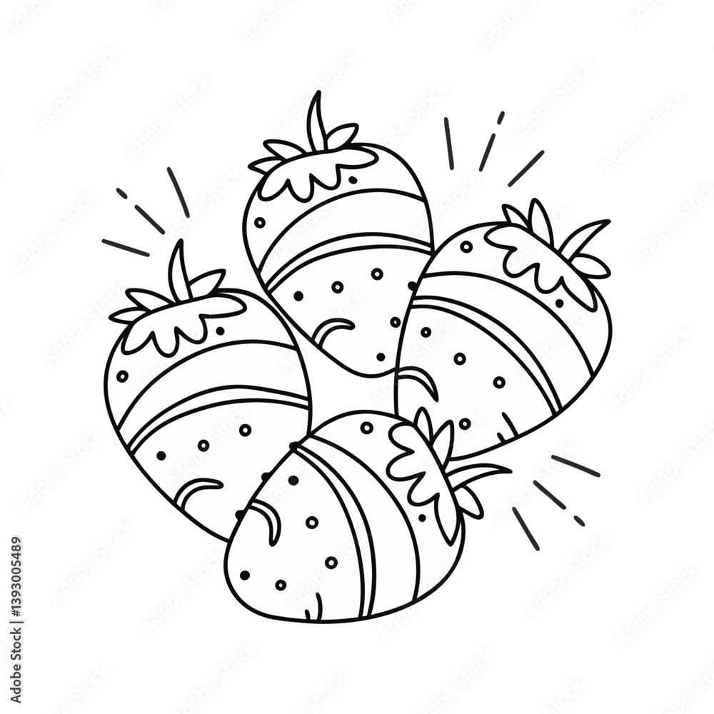 Poster decorated strawberries vector with pattern details and burst lines in fun black and white line art s