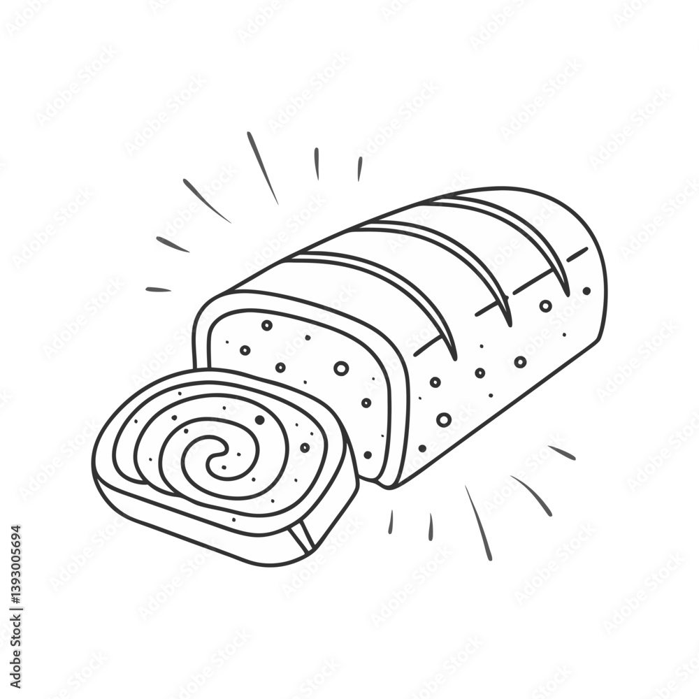 Poster swirled bread loaf vector with sliced end and rays in clean black and white line art style
