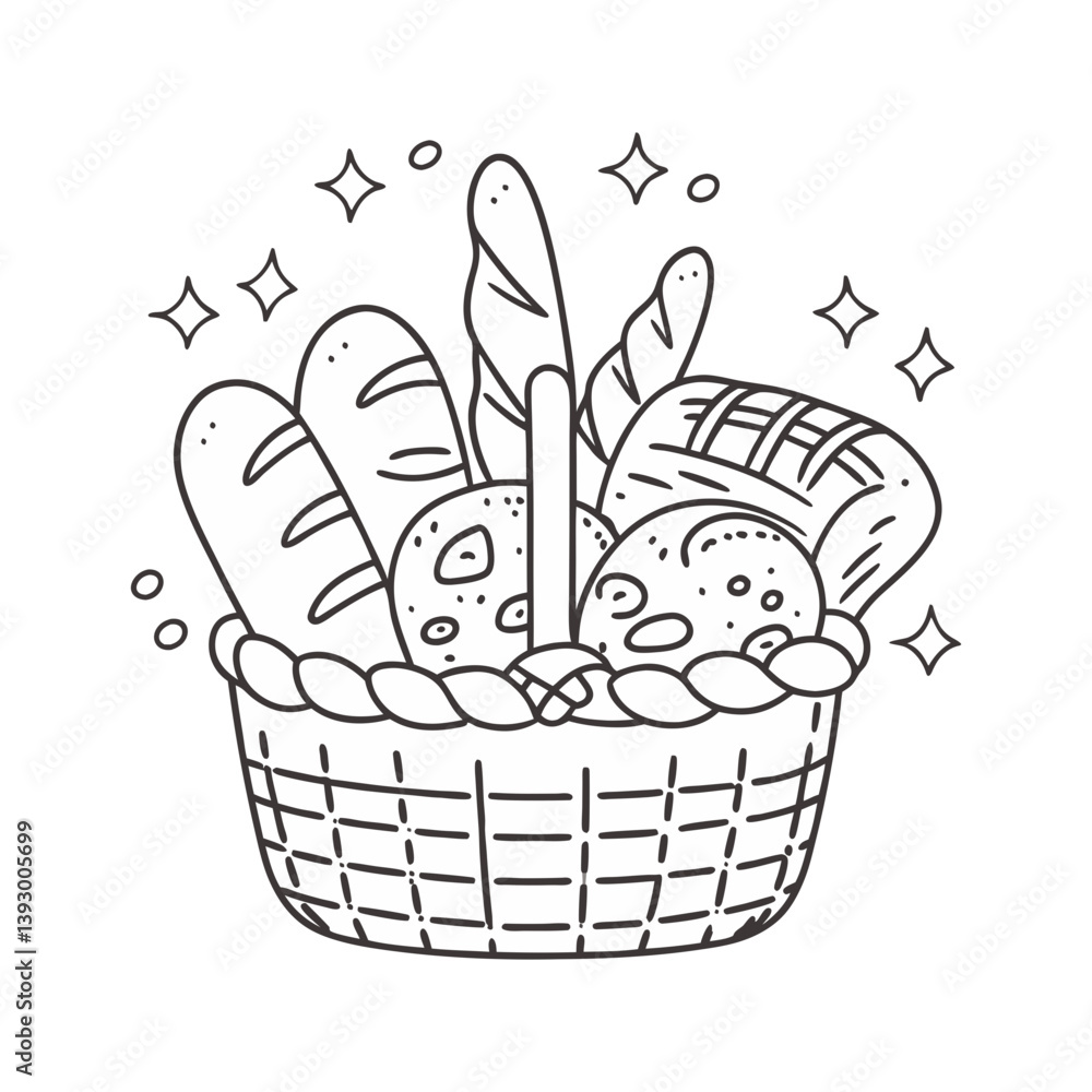 Poster bread basket vector with assorted loaves and sparkles in charming black and white line art style