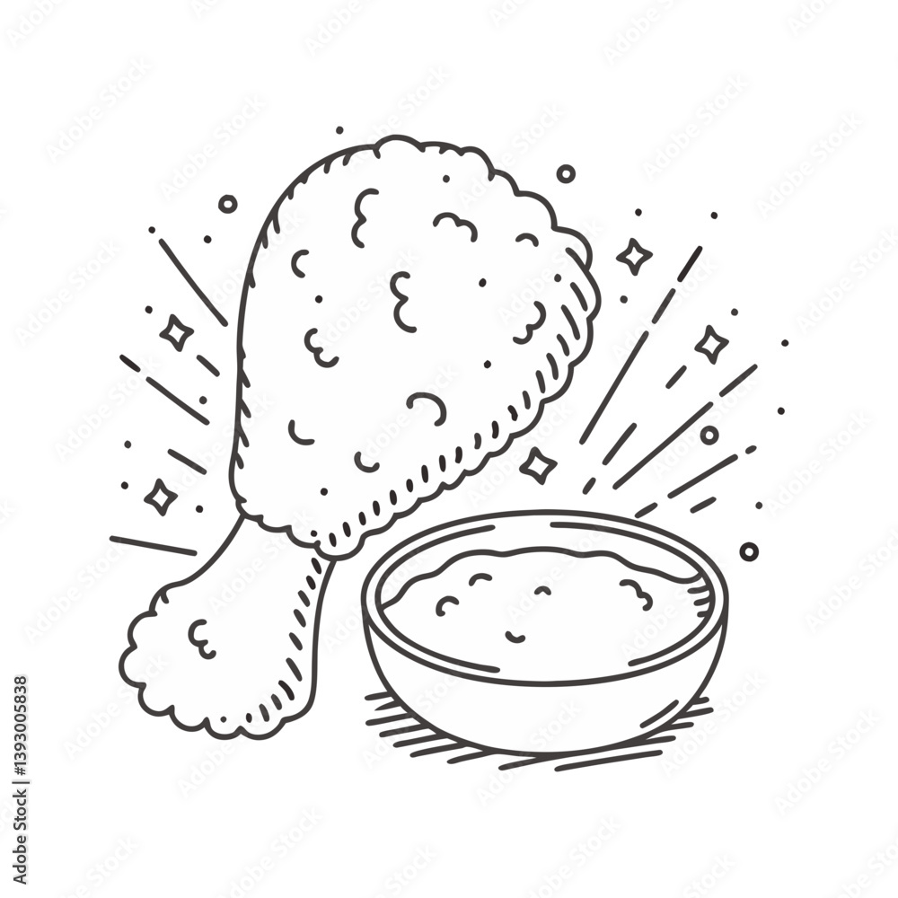 Poster fried drumstick vector with mashed potatoes and sparkles in bold black and white line art style