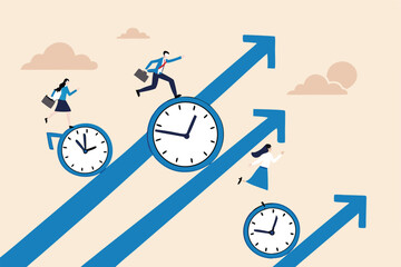 Time management, effort or efficiency boost, productivity to finish project, teamwork or planning, multitasking or finish work within deadline concept, business people riding clock up rising arrow.