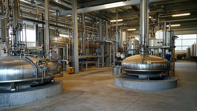 Industrial processing facility with large stainless steel mixers and pipelines for beverage production