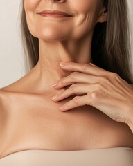 Fototapeta premium editorial style professional photography, photo for skincare magazine, closeup shot of a middle-aged female skincare model's chin, one hand is gently touching her collarbone