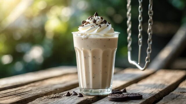 A milkshake-filled plastic cup with open space, blend ice cream and cookies until smooth.