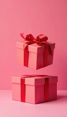 Obraz premium Red open gift box hovers over another box on a pink backdrop, holiday, hover
