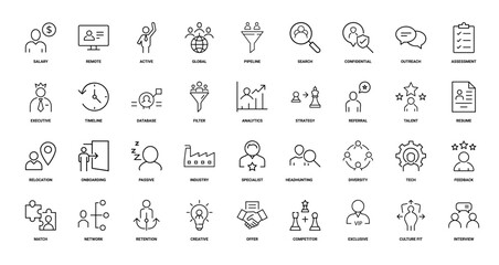 people hiring process collection line icons, passive industry relocation onboarding
