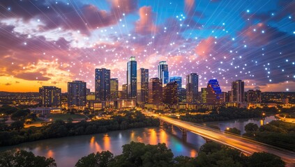 City skyline at sunset with digital network overlay
