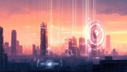 Futuristic cityscape with glowing holographic overlays