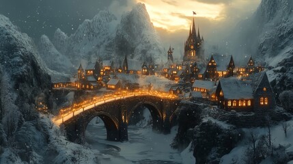 Snowy mountain fantasy village with magical light bridges 