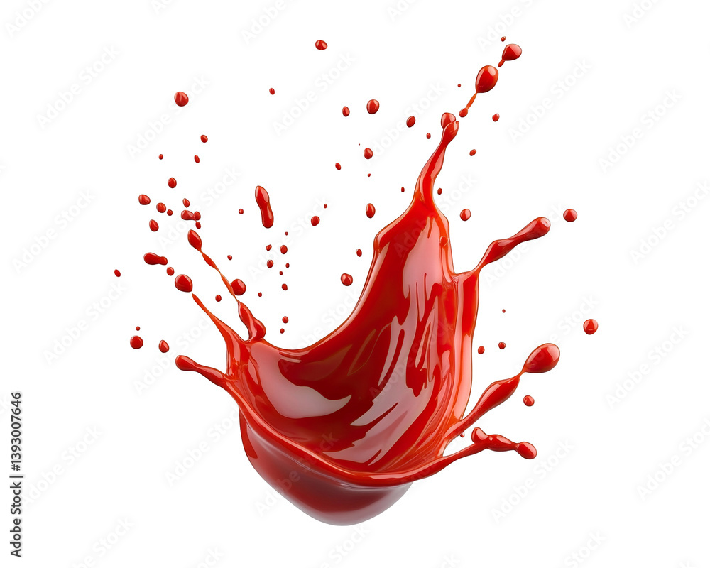Poster red ketchup splashes in dynamic motion, isolated on transparent cutout background