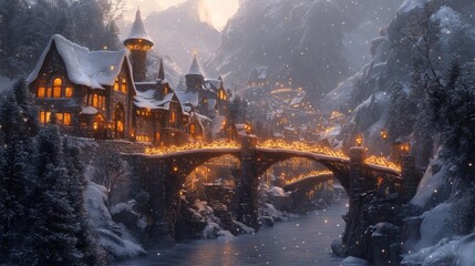 Snowy mountain fantasy village with magical light bridges 