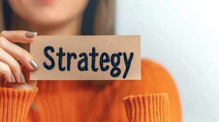 Strategy in postit concept. Woman holding a sign that reads "Strategy" in an orange sweater.