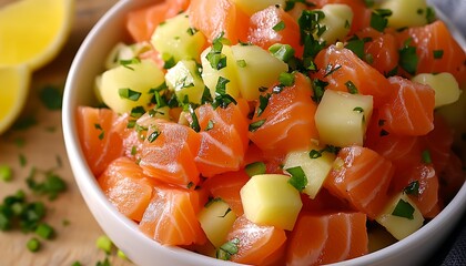 A close up view of a delicious salmon salad in a bowl