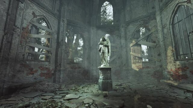 An abandoned church within the ruins of an ancient monastery, featuring a statue standing prominently in the center.