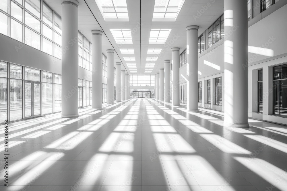Poster modern architectural interior with columns and light play in a spacious empty corridor