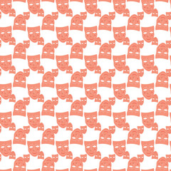 Pattern of Abstract Masks in Coral Color With Repeating Design Motif