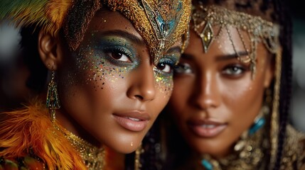 Digital Tribal Makeup Close-Up Portrait of Two Women with Ornate Headdresses